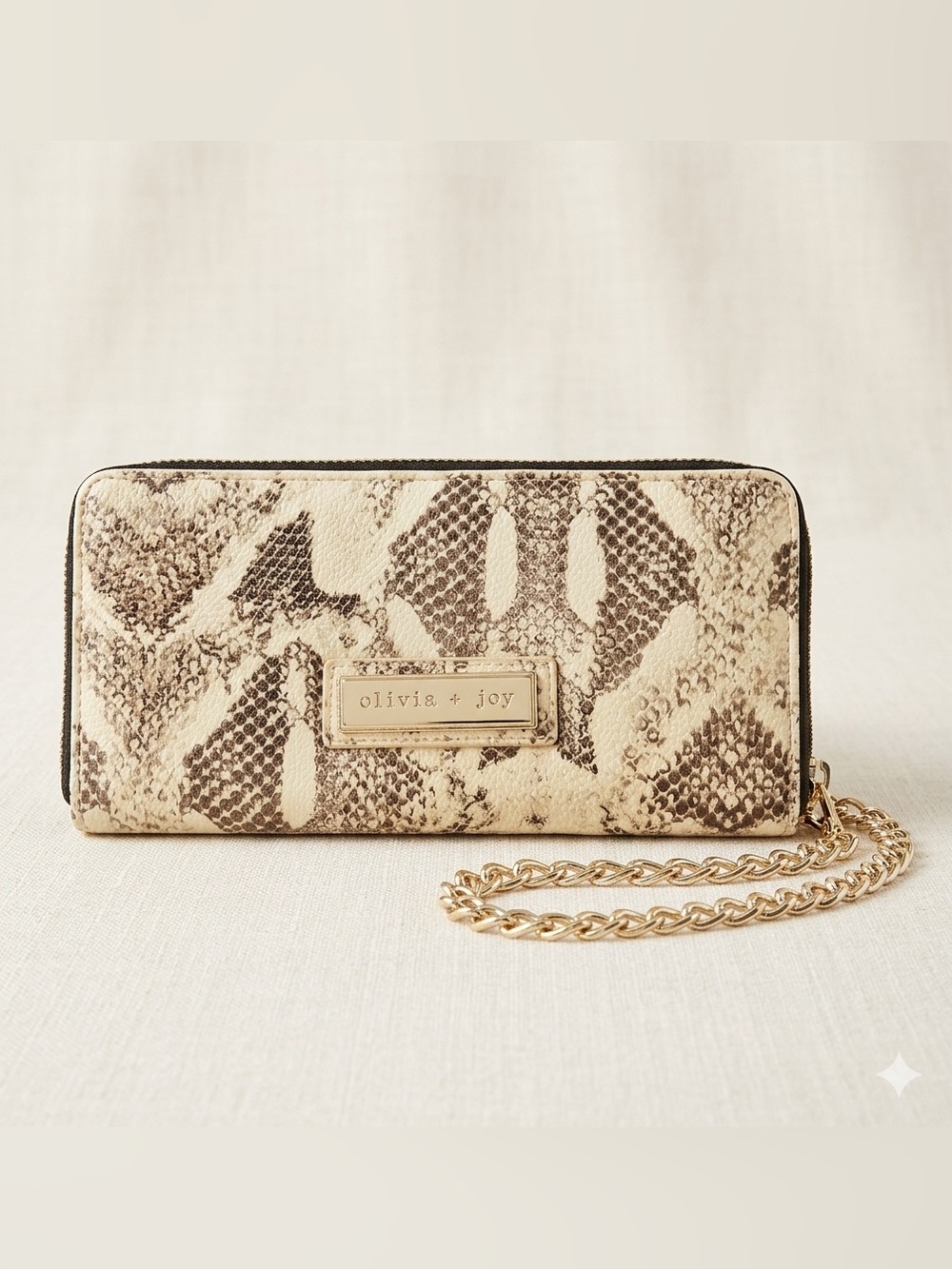 OLIVIA + JOY Womens ZIP-ORGANIZER Clutch/WRISTLET to WALLET Cream Snake